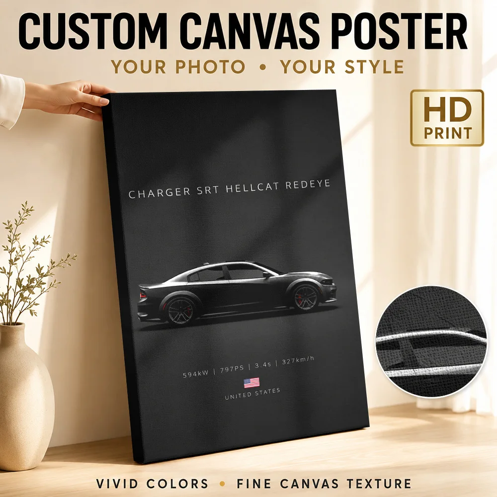 American Charger SRT Hellcat Redeye Black Muscle Car Canvas Posters 3D Wall Art With Customized Photo For Den Ideal Driver Gift