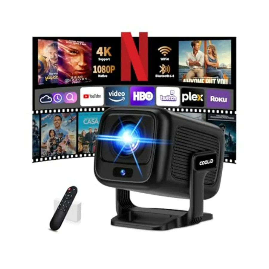 

Мини-проектор 1080P FHD с поддержкой 4K, портативный проектор с WiFi6 и Bluetooth 5.4, встроенные приложения, регулировка на 180°, автоматическая коррекция трапецеидальных искажений