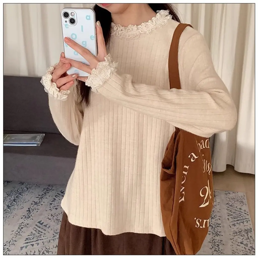 

Women's Korean Style Solid Color Lace Knitted Shirt Thickened Base All-match Loose Fit for Autumn And Winter