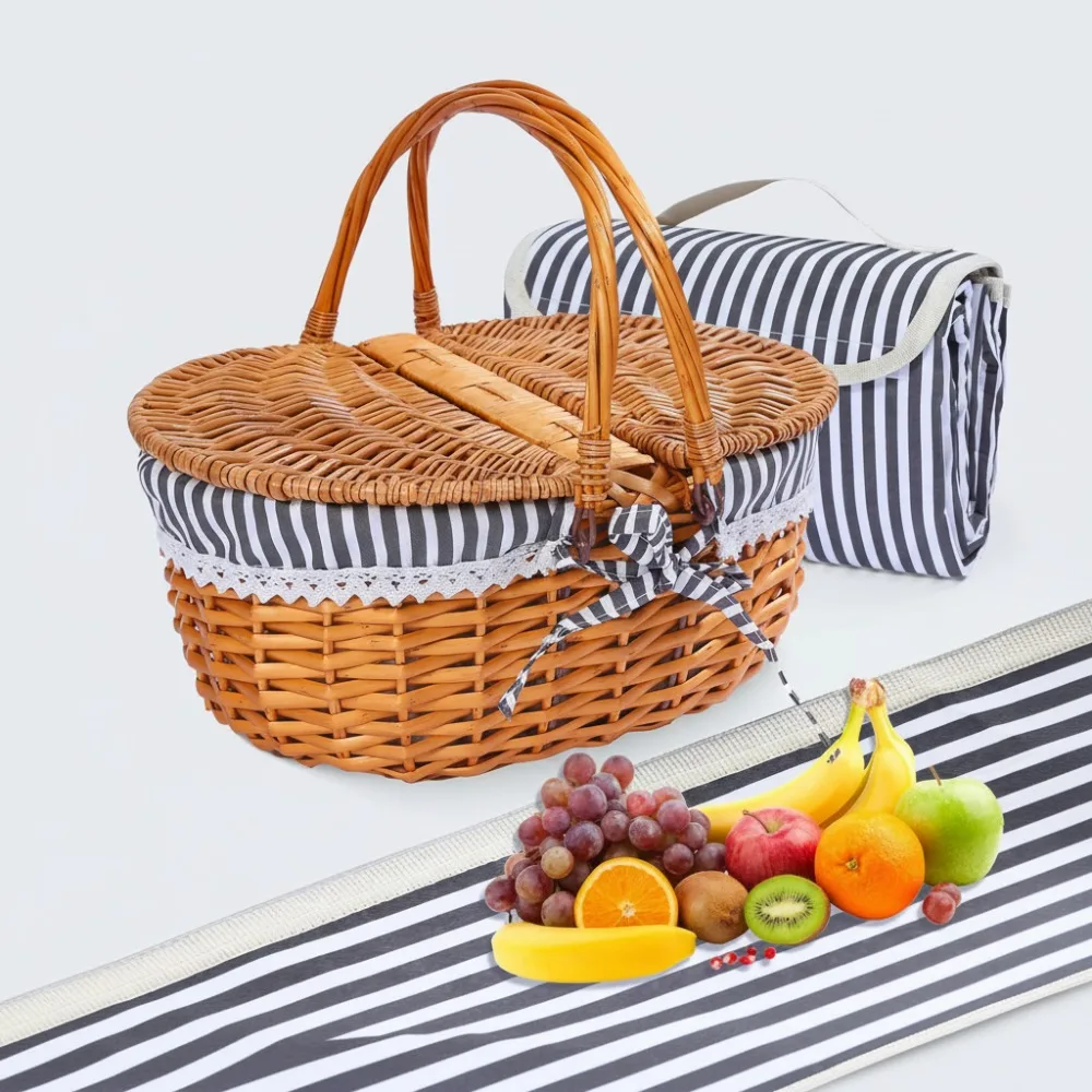 

3-Person Wicker Picnic Basket Set with Lid, Handle, Washable Lining & Blanket for Outdoor Camping Gifts