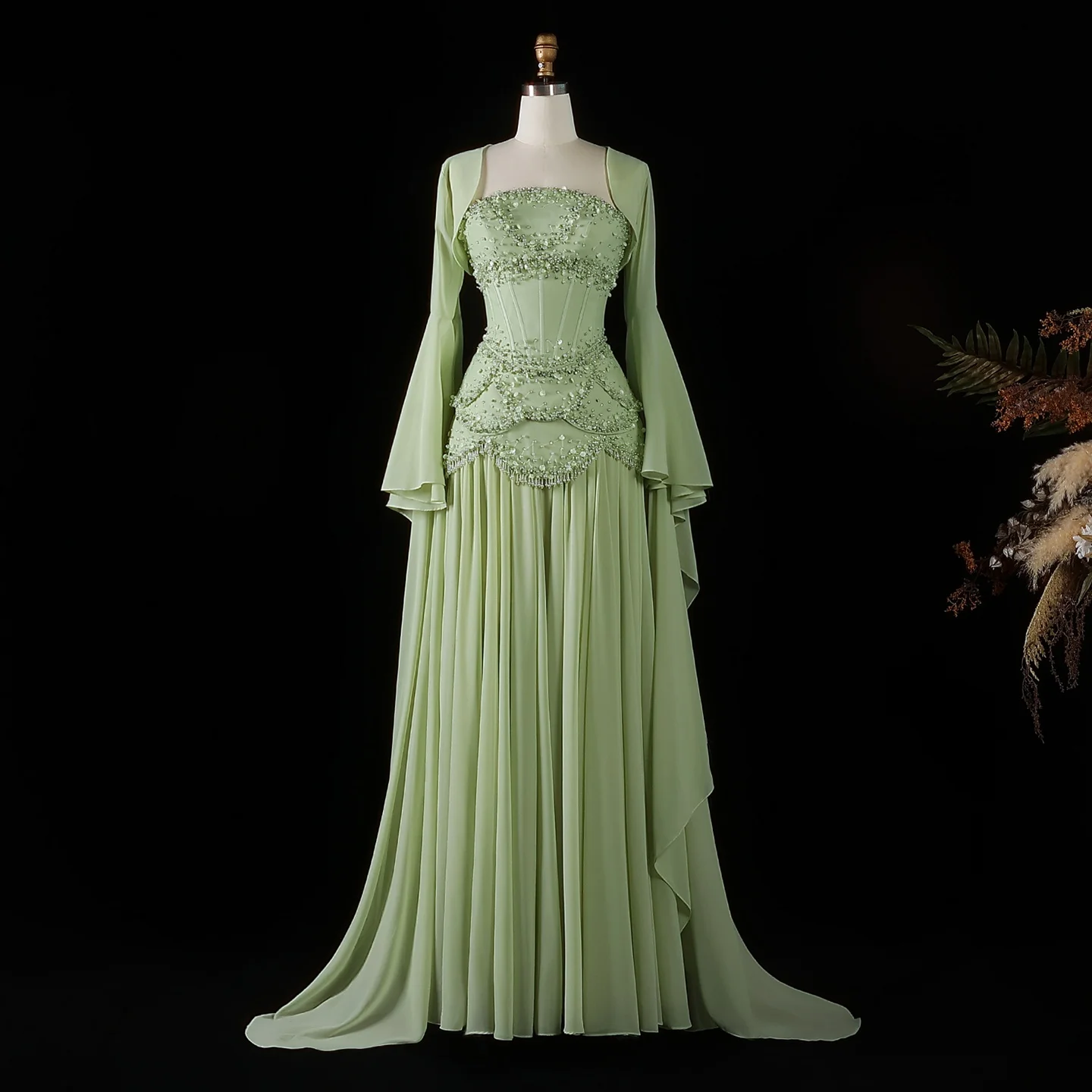 Sharon Said Elegant Sage Green Cape Sleeve Evening Dress Chiffon Tiered Sequined Pearl Formal Party Gown for Women SS286 Custom