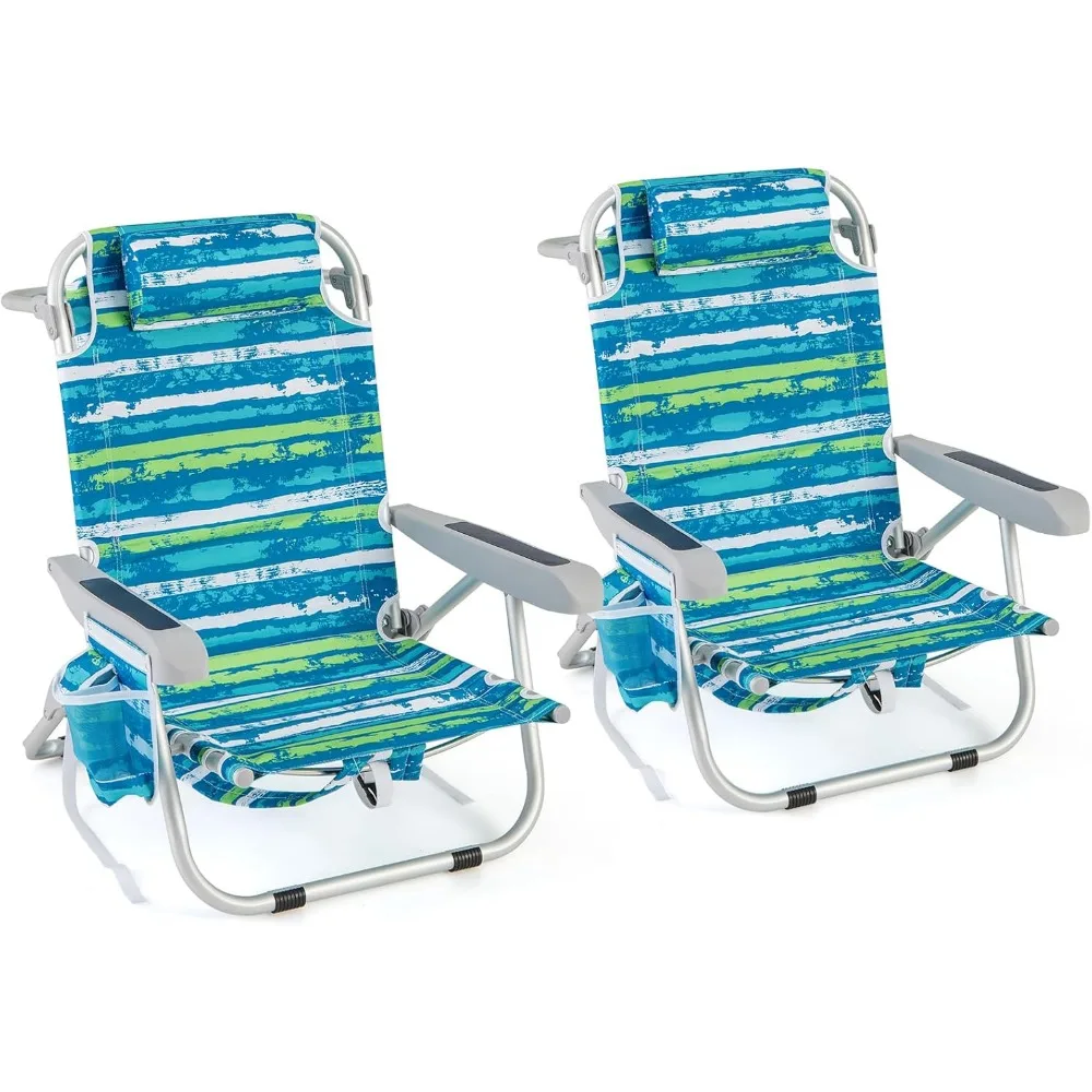 

Beach Chair, 330lbs Backpack Lounger with 5-Position Backrest, Storage Bag, Side Pocket, Towel Bar & Headrest, Foldable Low Bea