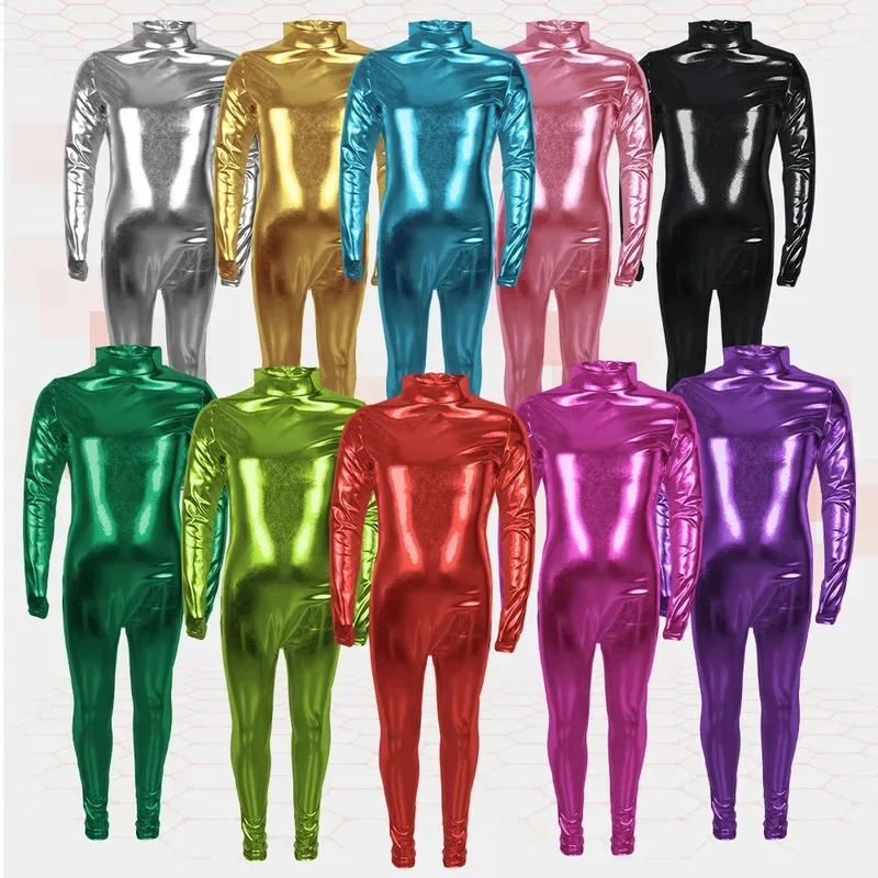

Boy Girl Shiny Metallic Turtleneck Bodysuit Wetlook Dance Unitard Long Sleeve Jumpsuit Catsuit Halloween Costume Kids cm;5