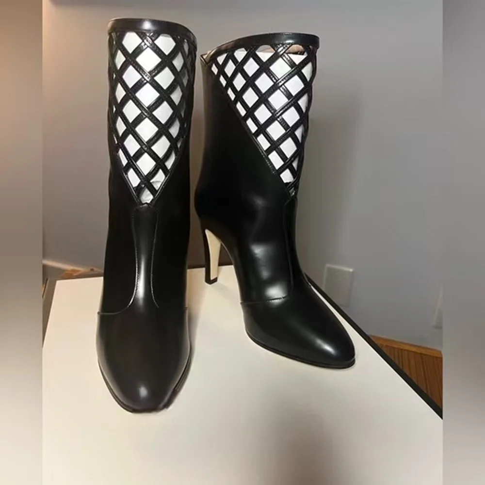 

Elegant Black Patent Leather Ankle Boots Cutout Grid Detail Pointed Toe Stiletto Heel Sleek Avant-Garde Design New Lady Boots