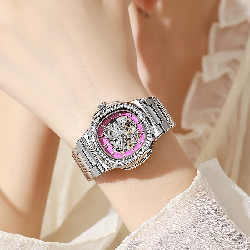 Dulunwe Luxury Brand Women'S Watch Automatic Skeleton Mechanical Watch Stainless Steel Waterproof Retro Submariner Watch