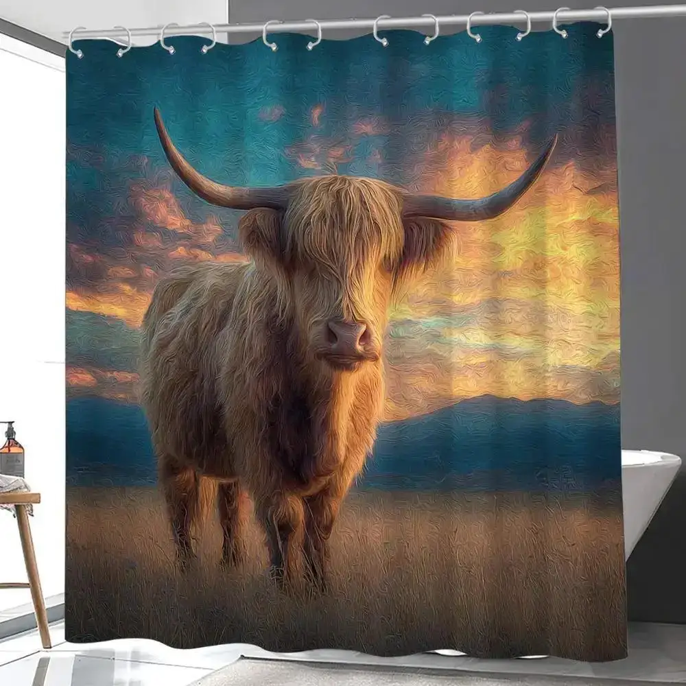 Rustic Highland Cow Sunset Animal Art Shower Curtain Polyester Waterproof Bathroom Decor Tropical Wildlife Curtain for Home Use