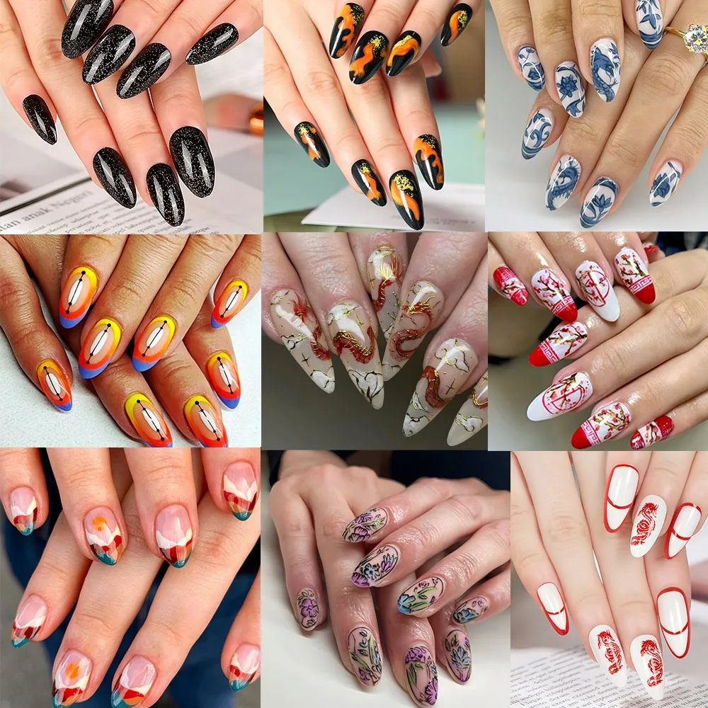 24Pcs Fake Nails The Year Of The Loong Series With Snake Print Wearable Almond Fake Nails Press On Nail Fashion Artificial Nails