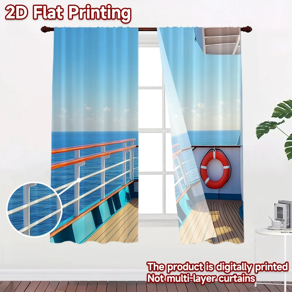 2D flat 2pcs Curtain Retro Country Style Ocean Deck Lifebuoy View Durable polyester fiber Family Party Decoration Perfect for
