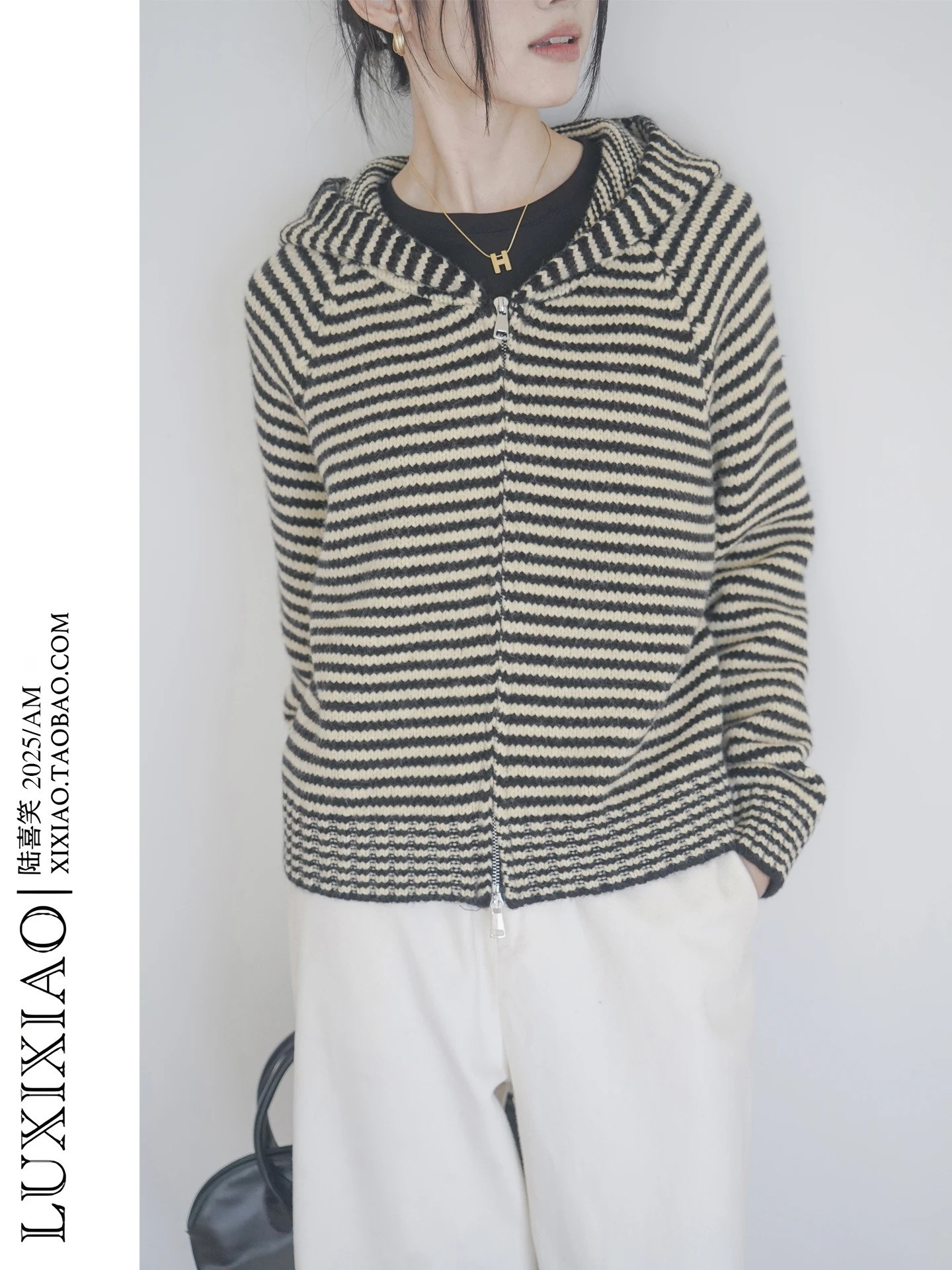 

LUXIXIAO Women's Knitted Sweater Coat Zipper Design Korean Sle Hooded Open Cardigan Striped College Sle Warmth Autumn Winter