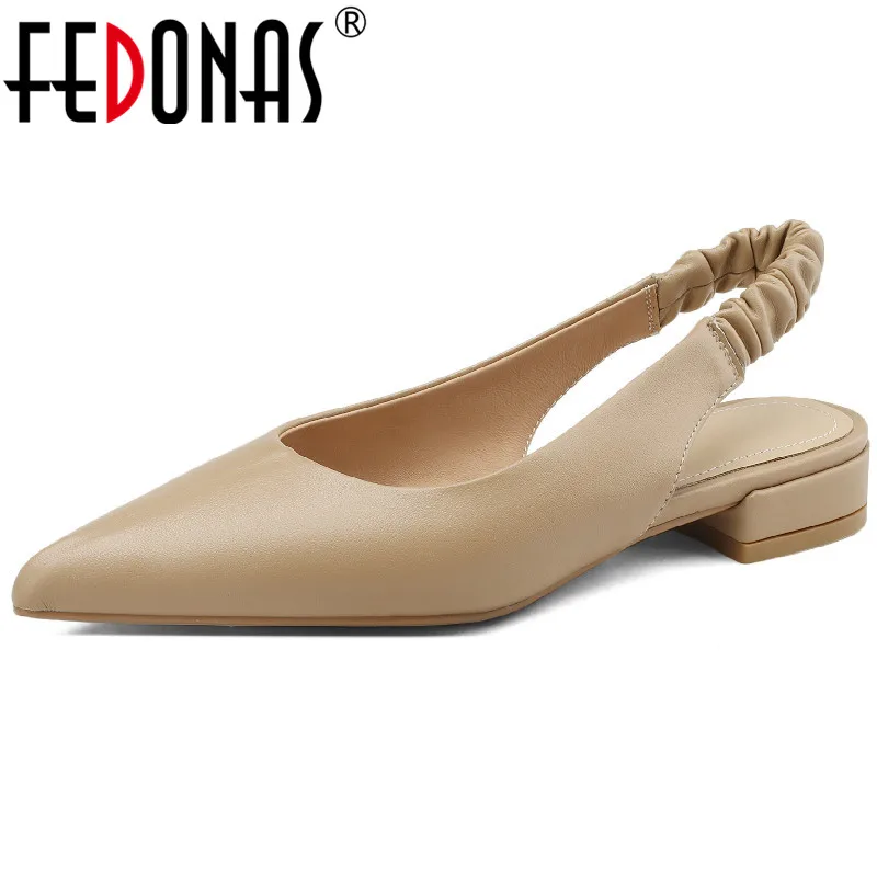 FEDONAS Office Ladies Casual Women Sandals Concise Spring Summer Pointed Toe Low Heels Genuine Leather Slingbacks Shoes Woman