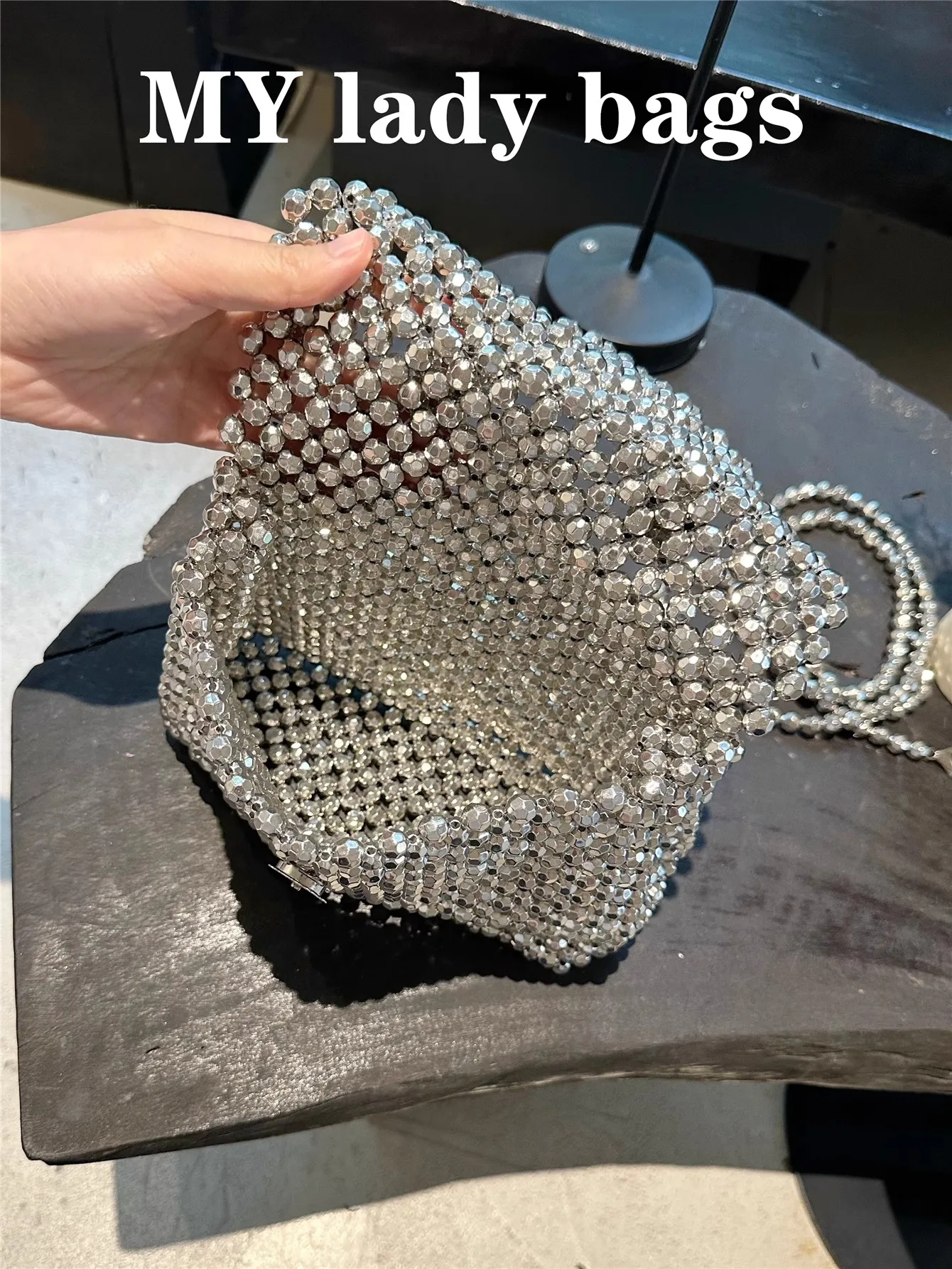 Beads Beading Hollow Out Women Handbag Glitter Shiny Silver Beads Beaded Square Bag Fashion Clutch Purse Shoulder Crossbody Bag