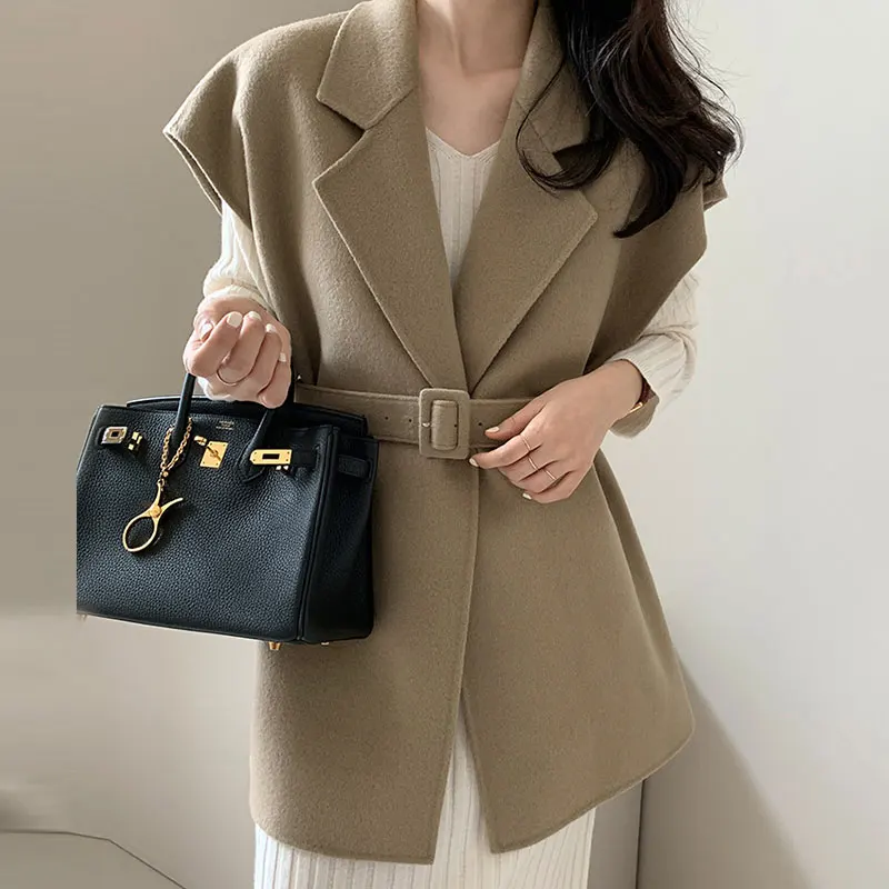 

Chic Double-Faced Wool Vest Jaet Women's Suit Collar Belted Waist Slimming Outerwear Autumn Winter Vintage High-End Feel