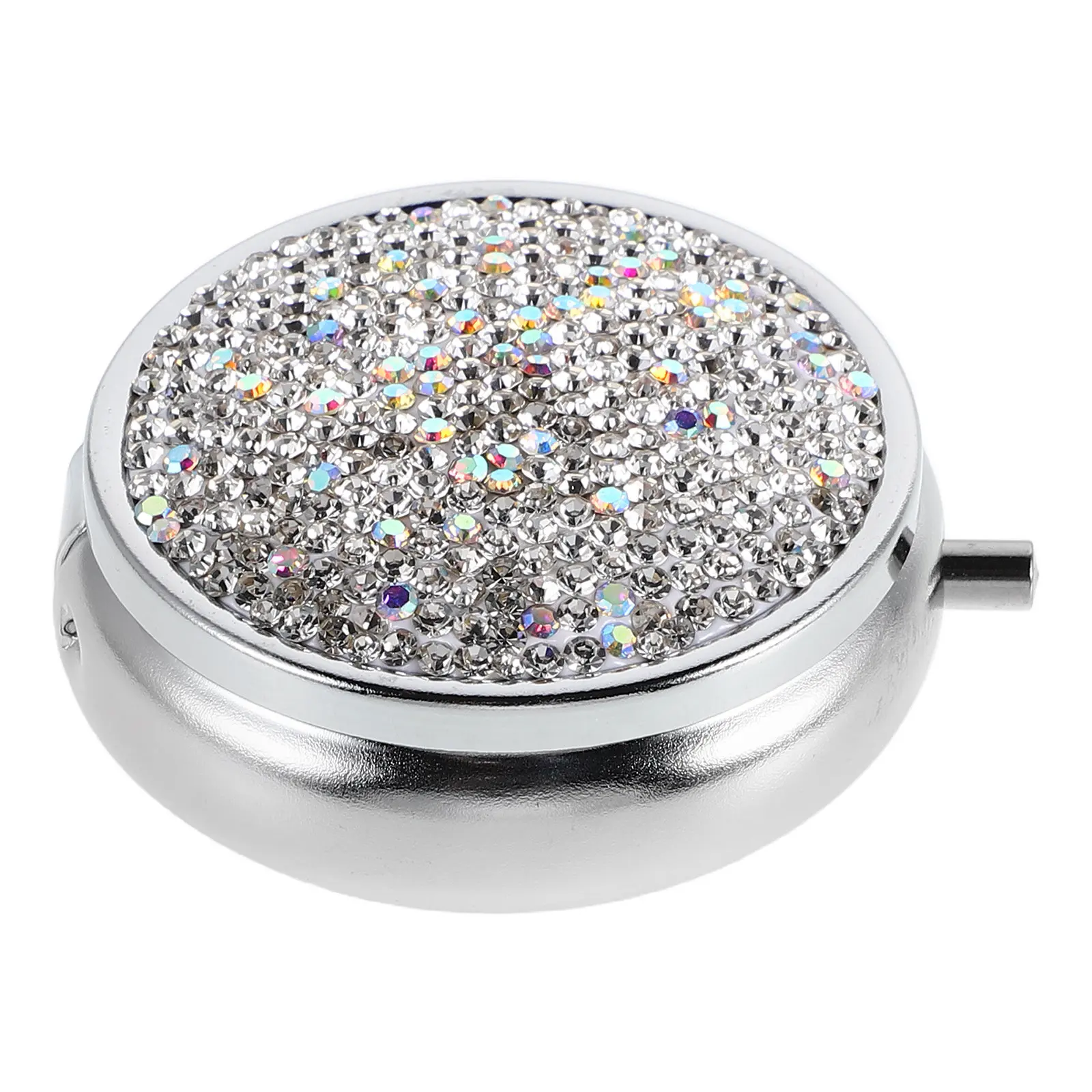 

Mini Portable Rhinestone Pill Organizer Compact Medicine Box Metal Pill Case Travel Office Daily Use Medicine Holder for Purse