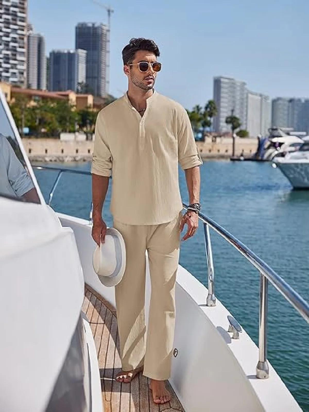 

Summer new men's solid-color comfortable long-sleeved shirt and pants set, casual trendy vacation long-sleeved shirt set