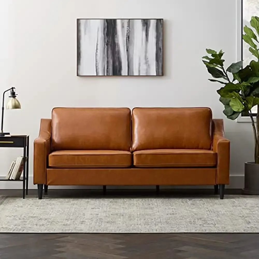 Modern Scoop Arm Faux Leather Couch Compact Wooden Frame Sofa Living Room Plush Foam Cushions Easy Assembly 75.5" x 29" x 35.5