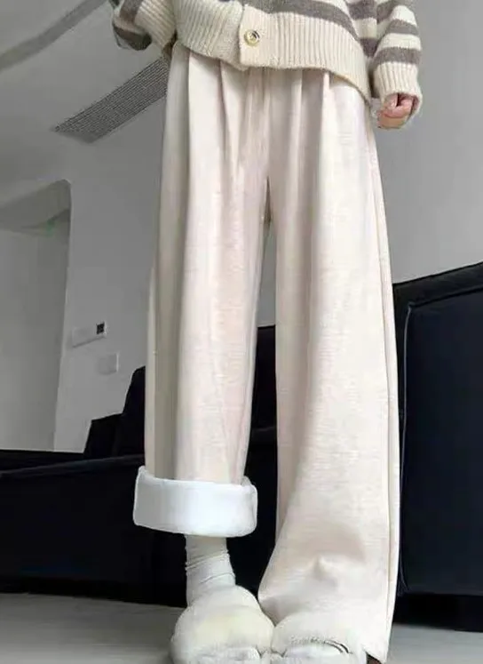 Calças de perna larga inbeige feminino inverno veludo duplo-deck estilo nórdico forro de veludo botões sherpa em relevo durável em camadas ins