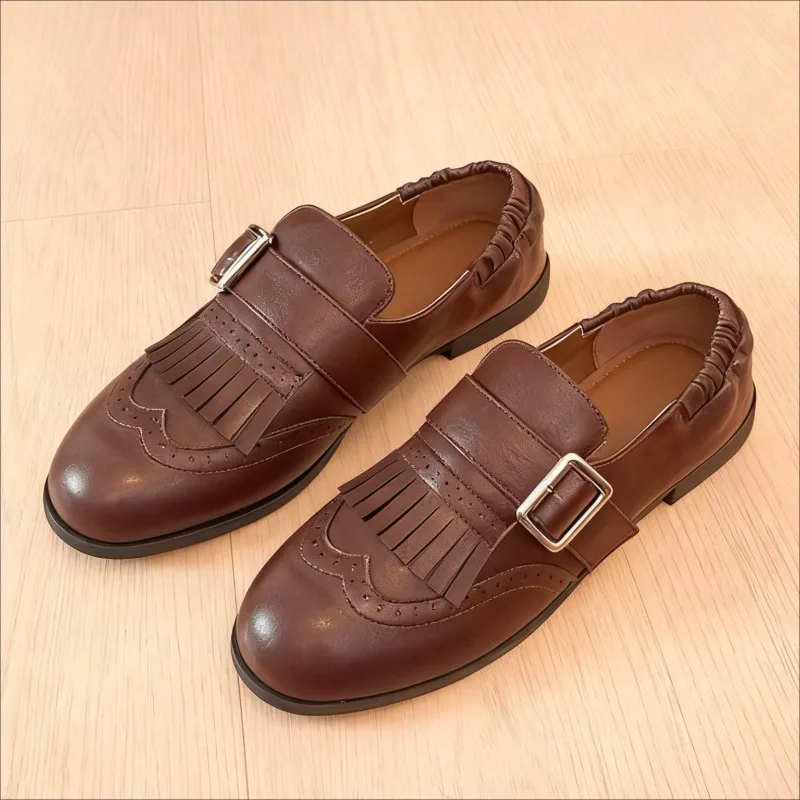 

Concise Brown Leather Loafers Woman Retro Tassel Buckle Decoration Low Heel Casual Shoes Non-Slip Comfortable Shoes for Women