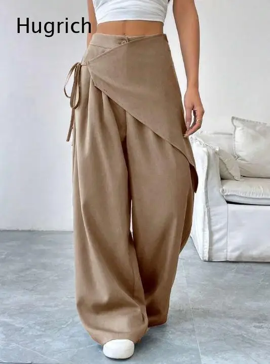 Minimalist Solid Black Fake Skirt Design Wide Leg Trousers Asymmetric Wrap Front Side Drawstring Relaxed Bottoms