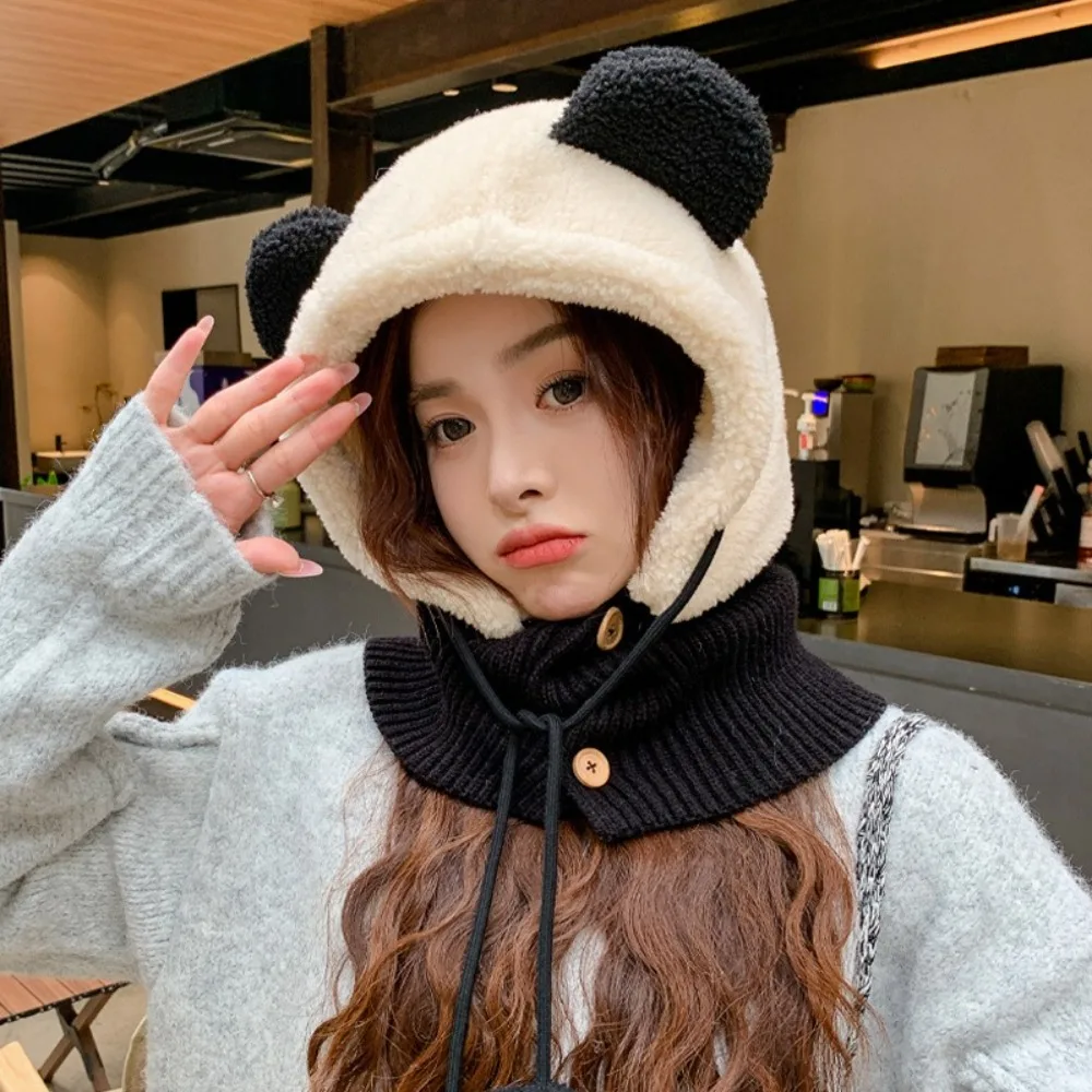 

Kawaii Korean Style Bear Ear Balaclava Hat Windproof Scarf Winter Pullover Cap Solid Color Keep Warm Ear Protection Hat Outdoor