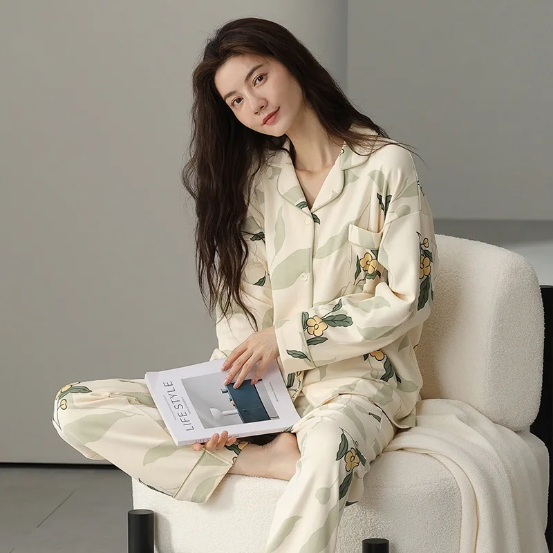 Women's Sleepwear Long Sleeve Shirt and Pants Set&Lounge Wear Quality Print Top and Trousers for Women Autumn Sleepwear Dropship