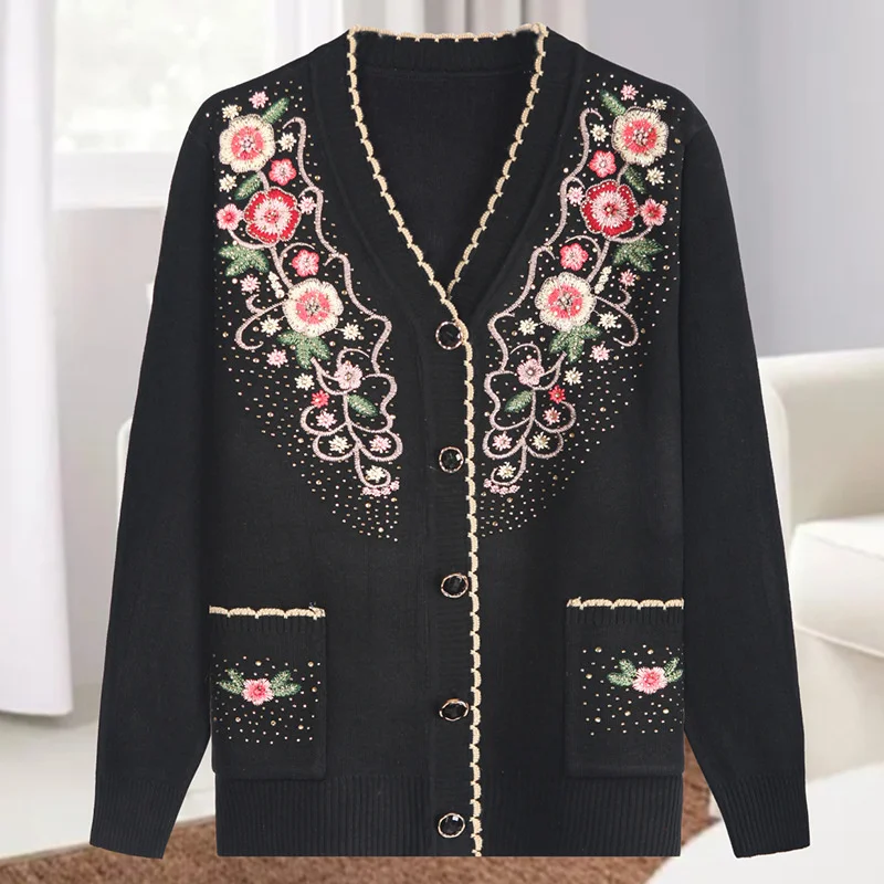 2025 Autumn Middle-aged And elderly Women\'s Sweater Cardigan Jackets New Casual V-neck Long Sleeve Coats Female Knitted Sweater