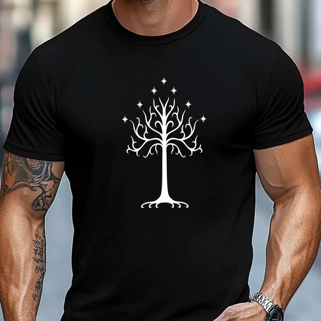 Men Casual Short Sleeve T-Shirt with White Tree Stars Graphic Print Vibrant Blue Summer Round Neck Tee Men Clothing
