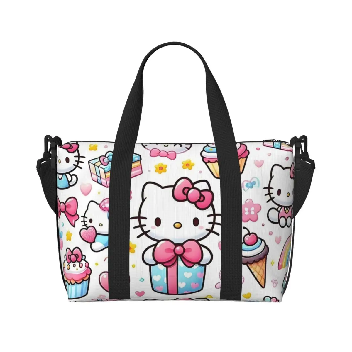 

Custom Cartoon Hello Kitty Anime Beach Tote Bag Women Japan Cute Large Compartment Beach Gym Travel Bags