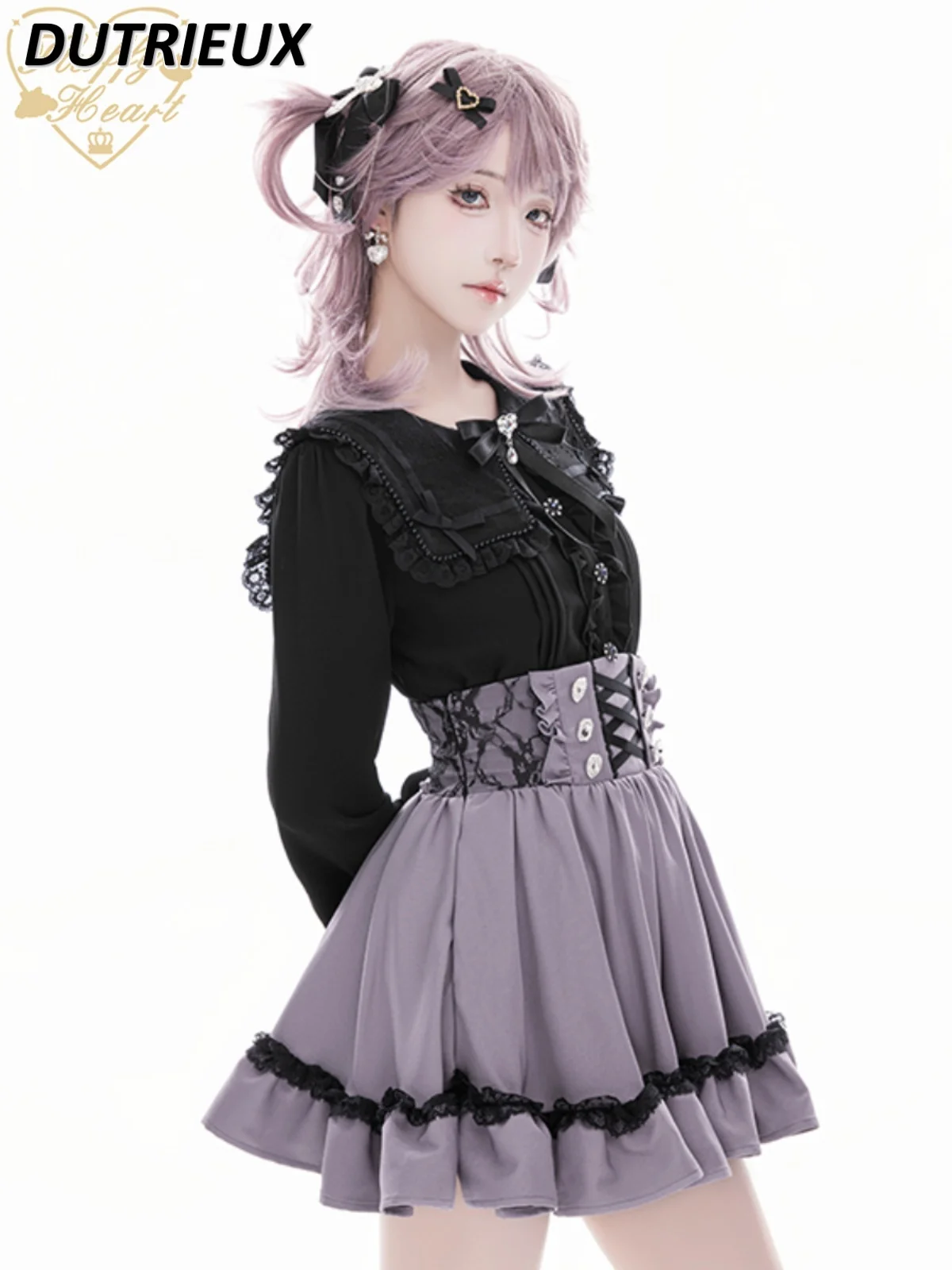 레이스 네이비 칼라 긴팔 셔츠, 다용도 싱글 브레스트 상의, 귀여운 단색, 일본 용수철 가을 신상