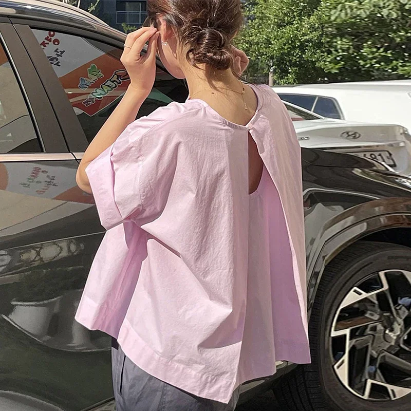 French Style Casual Open Back Hollow Out Design Shirt Loose All Match O-neck Summer Tops Korean Fashion Backless Ruched Blusas