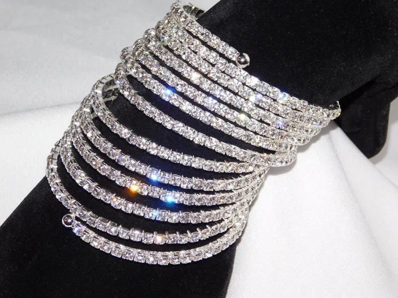 12 Rows Rhinestone Bangle Bracelet Silver Plated and Gold Color Spiral Upper Arm Bracelet Bridal Wedding Jewelry for Women