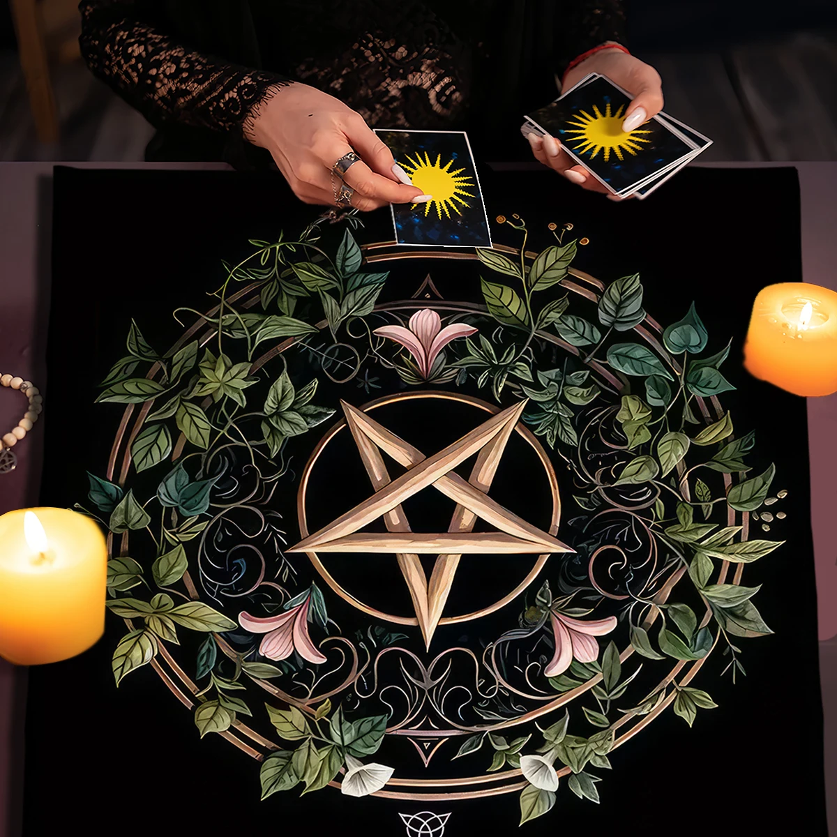 【セール中】異教の祭壇布 星柄 鮮やかな花と植物 つるタロット布 占い装飾用 魔術オラクルカードパッド