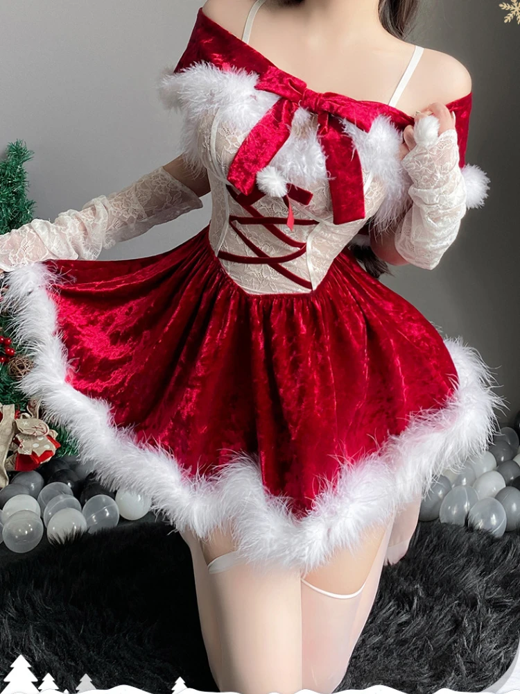 Christmas Party Plush Velvet Uniform with Cloak Cosplay Costume Lace Red New Year Dress Girls Underwear Princess Roleplay Outfit