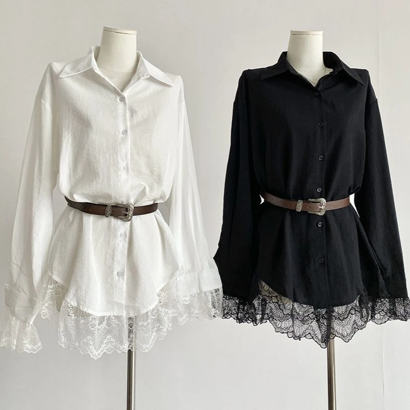 

Women White Shirt Lace Spliced Tops Long Sleeves Turn Down Collar Single Breasted Thin Loose Fit Office Lady Casual 2026 Spring