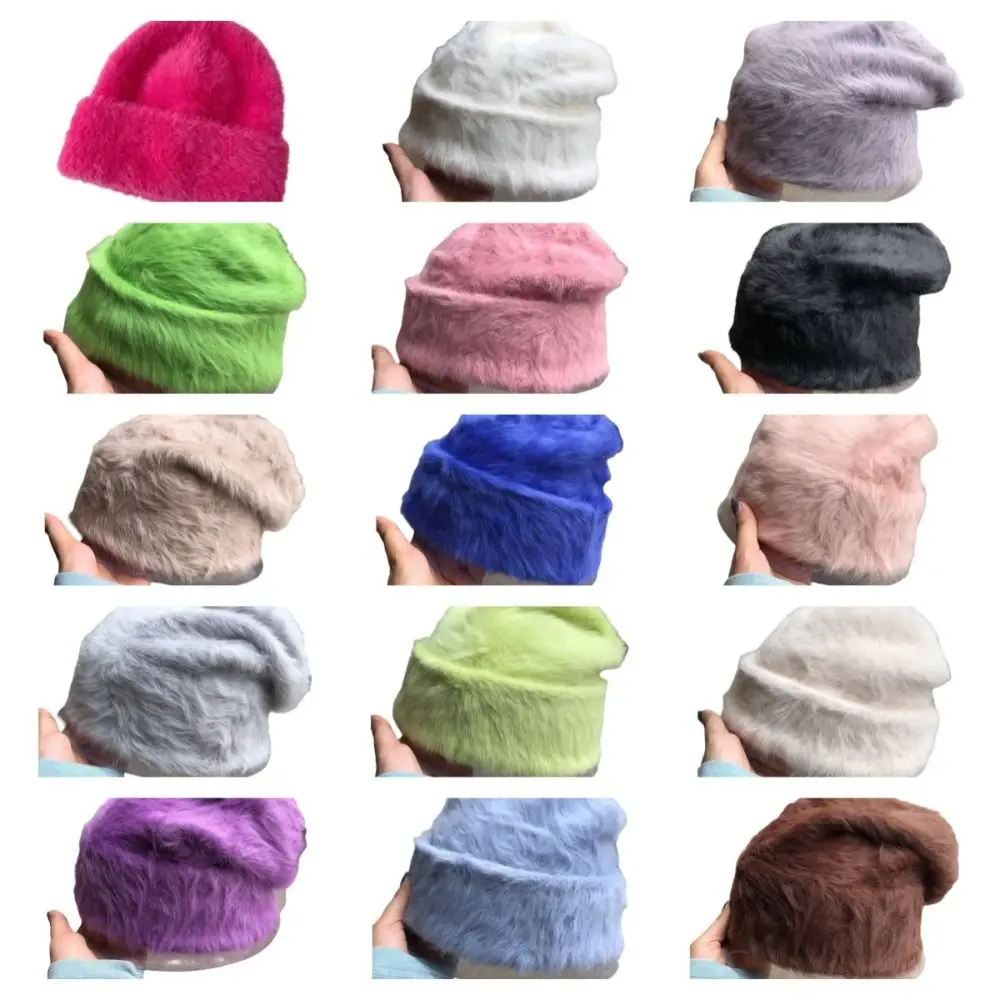 Einfache, einfarbige, locker sitzende Mütze im Y2K-Stil, Winter-Strickmütze, atmungsaktiv, mit Kaninchenfell-Ohrenschutz, Reise-Schädelmütze – Detail 2