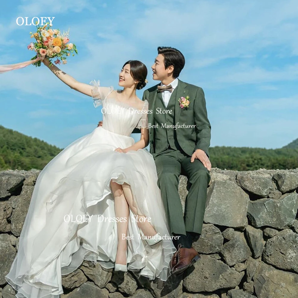 OLOEY-vestidos de novia de Organza de línea A para sesión de fotos, longitud hasta el suelo, mangas cortas, cremallera trasera, vestidos de novia Vintage simples, Corea