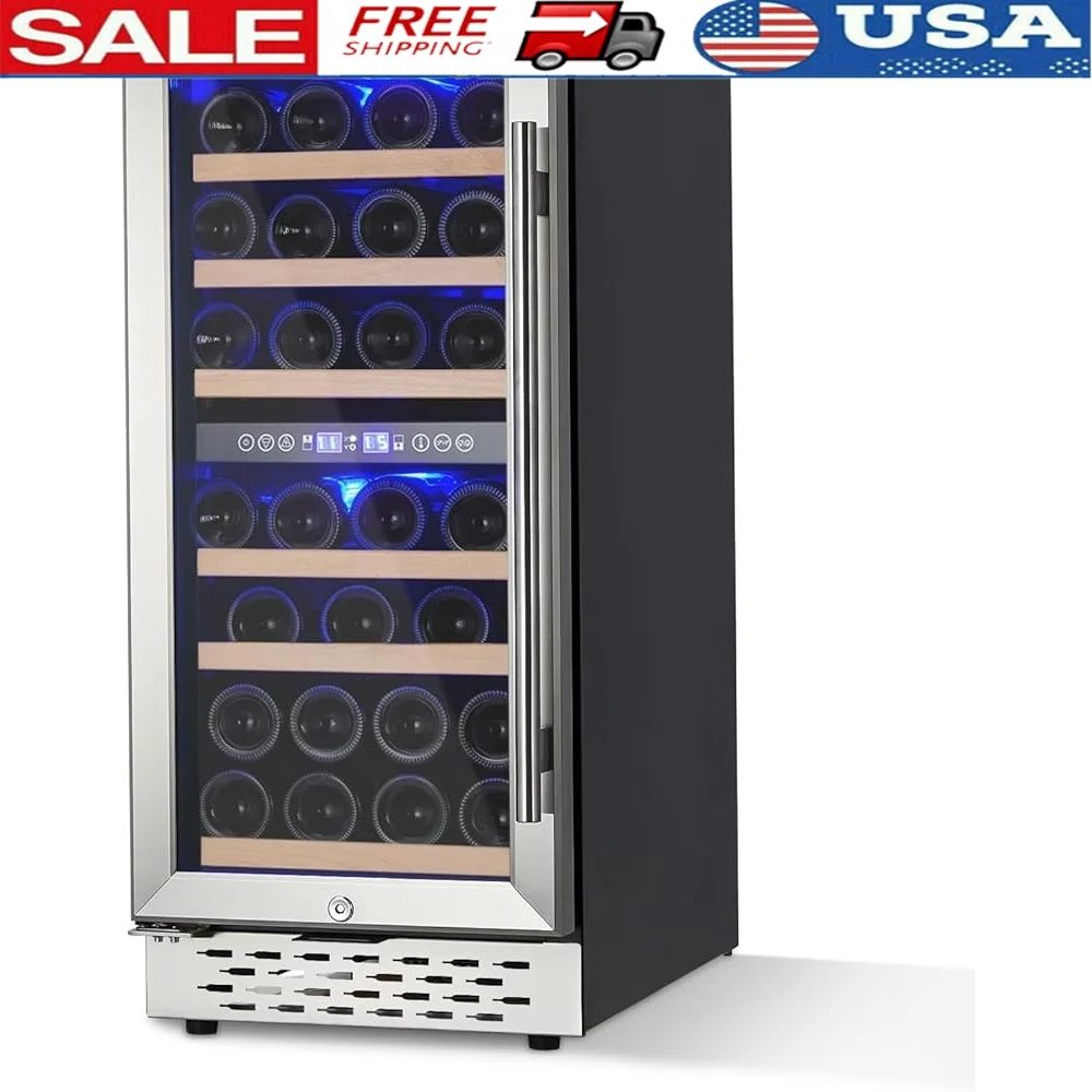 ثلاجة نبيذ صغيرة 28 زجاجة ضاغط مزدوج للتحكم في درجة الحرارة مبرد نبيذ مدمج قائم بذاته خزانة تخزين مدمجة LED