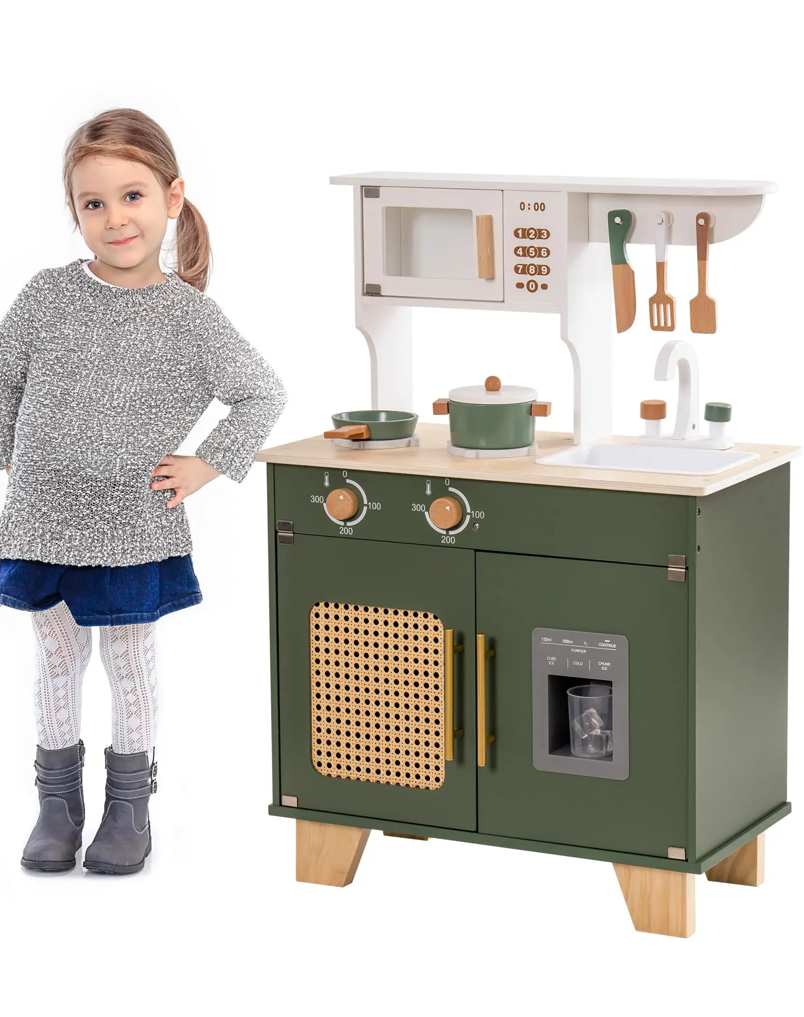 ROBOTIME Dapur Bermain dengan Dispenser Es Batu Pura-pura, Set Permainan Dapur Anak Kayu, Set Dapur Mainan untuk Balita (Hijau Antik)