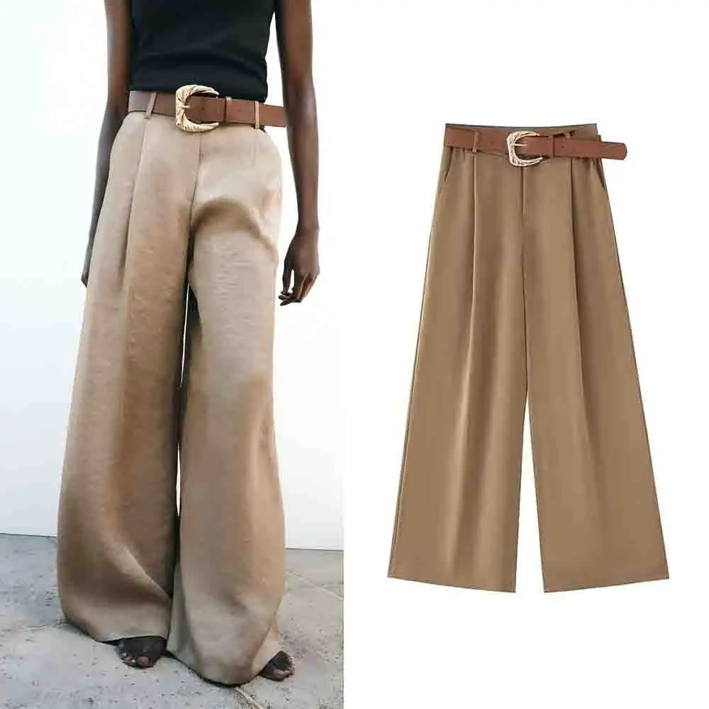 

Women's new chic fashion With Belt loose satin texture pleated wide leg pants retro high waisted side pocket women's pants