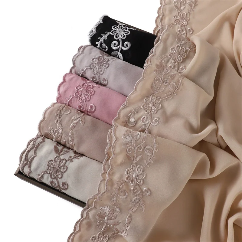 Neue Mode Sticken Spitze Floral Blase Chiffon Hijab Ramadan Solide Schal Frauen Sonnencreme Kopftuch Outdoor Winddicht Kopf Wrap
