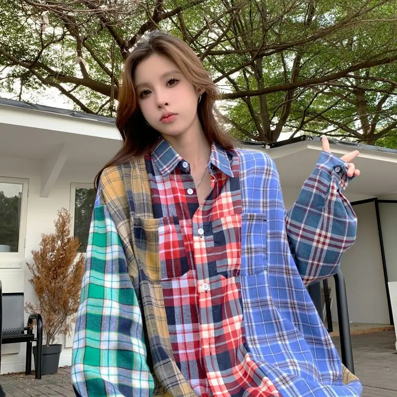 2023 New Arrival Autumn Women Loose Fit Casual Turn-down Collar Long Sleeve Blouse Plaid Patchwork All-matched Shirts D583