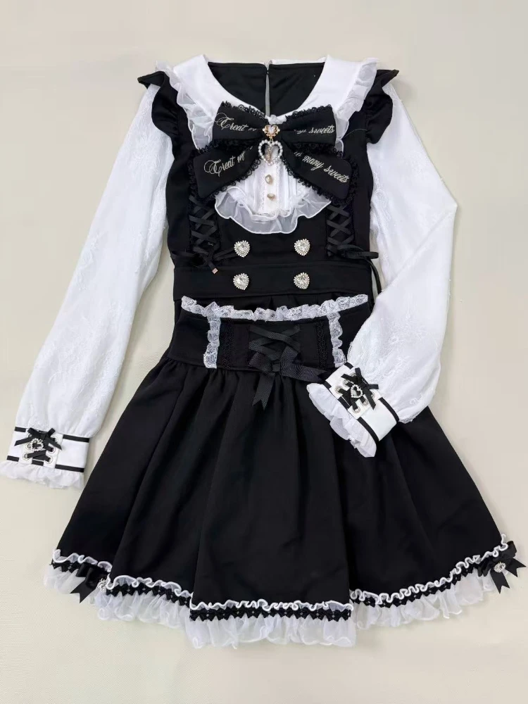 

Gothic Vintage Long Sleeve Womens Dress Sweet Lolita Bow Lace Short Skirt Waist Slimming Dark Skirt Evening Party Spring New
