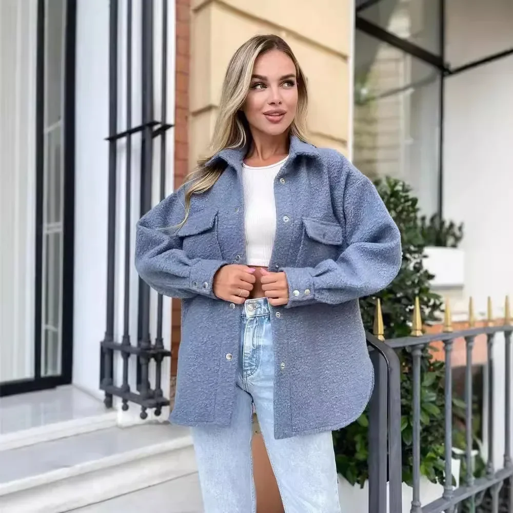 Осенне-зимняя однобортная утолщенная однотонная рубашка с лацканами, женская шерстяная свободная куртка, шерстяная женская шерстяная куртка