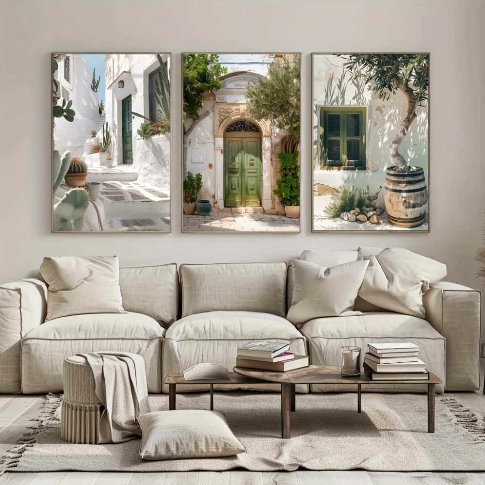 3pcs Frameless Canvas Painting Mediterranean Landscape Canvas Prints Poster Vintage Italy Travel Nature Art Prints Wall Art Hom view 2