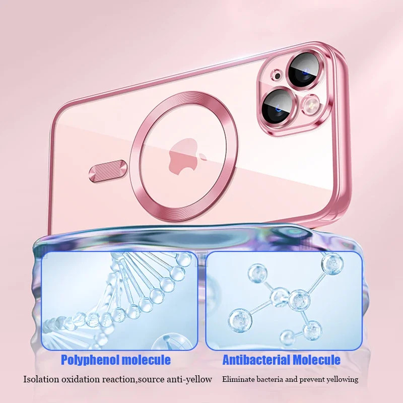 Clear Plating Ultrathin Silicone Case For iPhone 16 15 14 13 12 11 Pro Max 16 Plus Magsafe Magnetic Lens Film Protect Cover Pink