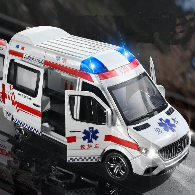 1:24 Ambulance Car Model Diecasts Metal Toy Police Ambulance Car Model Collection Sound and Light High Simulation Kids Toys Gift