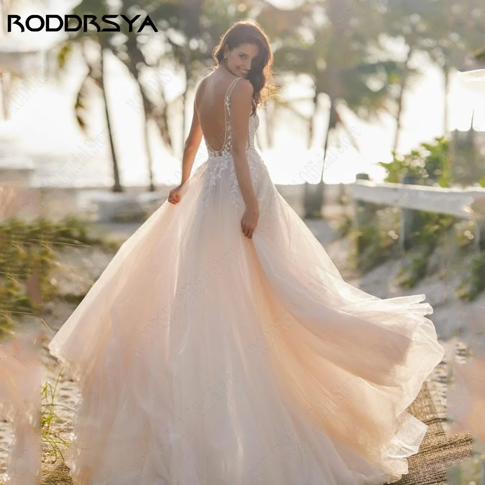 Roddrsya bohème dos nu a - ligne robe de mariée 2024 sans manches côté fourche aRODDRSYA-Robe de mariée trapèze dos nu Boho, 2024 fibre latérale, appliques aux patients, quel que soit le col en V, tulle, robe éducative