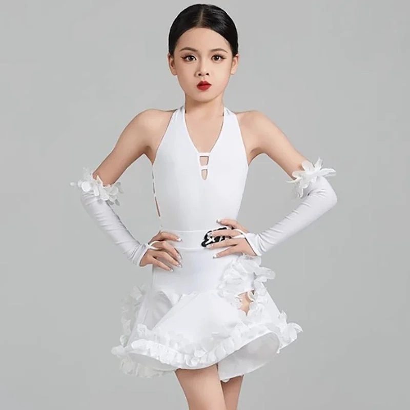

Детское боди с открытой спиной для латинских танцев и юбки с цветочным разрезом «рыбий кость» для девочек, танцевальная одежда для румбы, тренировочные костюмы для бальных соревнований