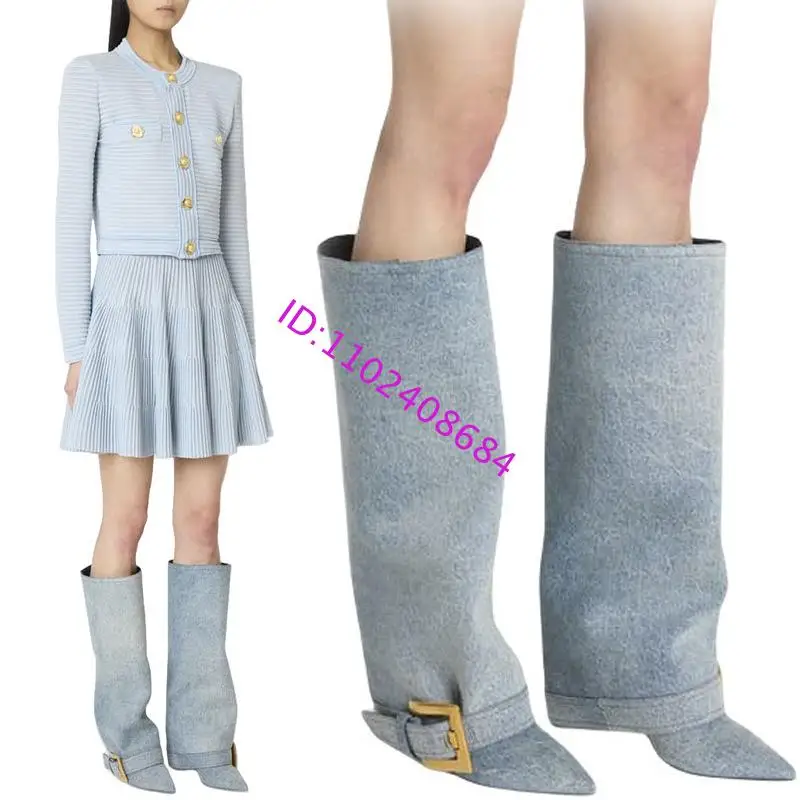 Recién llegado, botas hasta la rodilla de tacón alto con hebilla de cinturón de Metal para mujer, diseño de talla grande, botas de cuero vaquero hasta la rodilla con punta estrecha