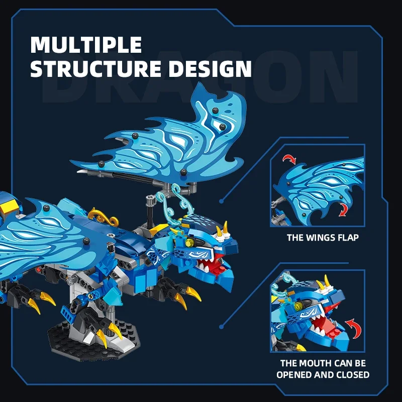 461PCS Blue Flying Dragon Building Blocks Prehistoric Water Dragon Animal Model Bricks Desktop Display Kids Toys Holiday Gifts