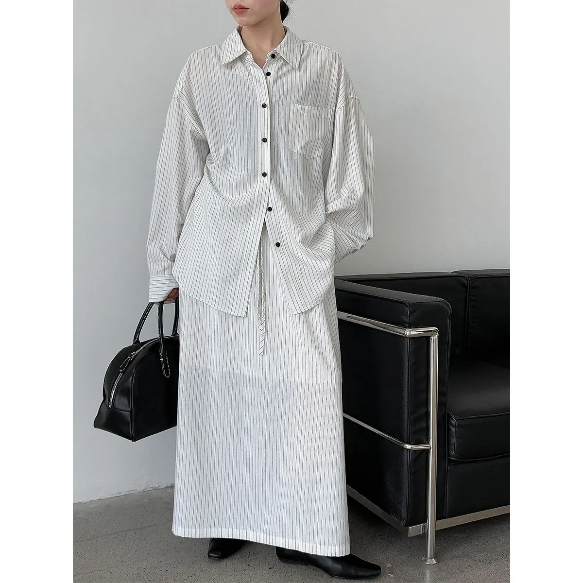 

Striped Shirt Same Color Half Skirt Women's 2025 Autumn New Style Simple Two-piece Set